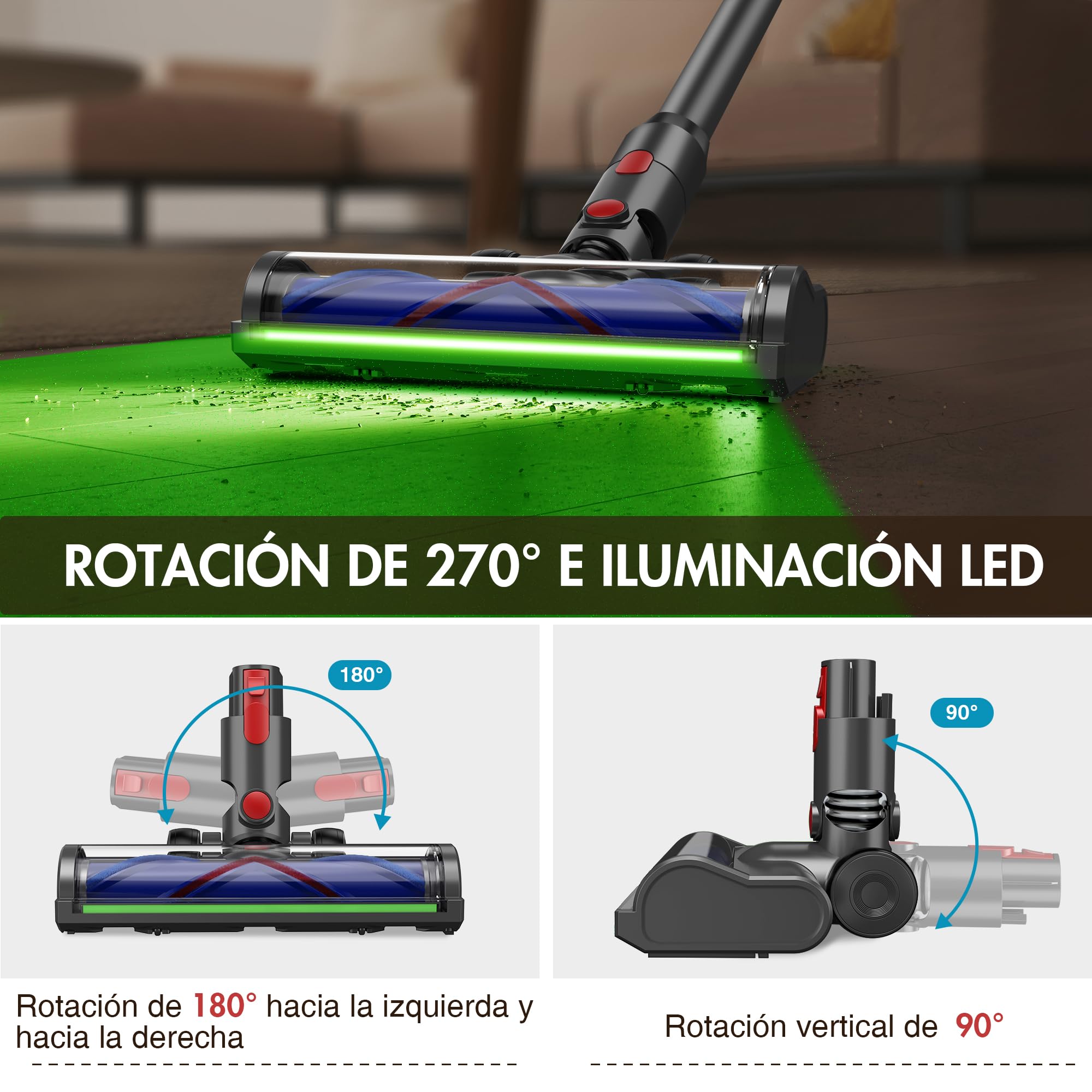 Cepillo compatible con Dyson V7 V8 V10 V11 V15 V8 Slim, Cepillos para Suelos con Iluminación LED y Accionamiento Directo, Sistema Antienredos, Funcionamiento Silencioso, Fácil Montaje - Verde