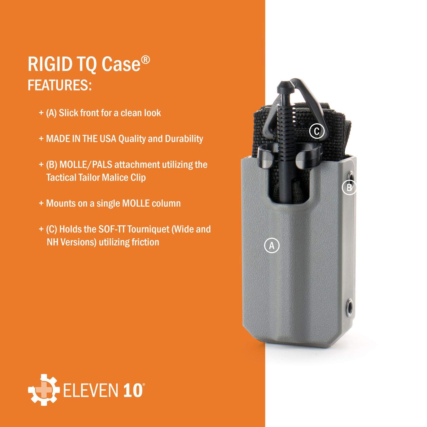 Eleven 10 Slick Front Rigid TQ Case for SOF-TT Tourniquet, Black, MOLLE Attachment - Tourniquet Included