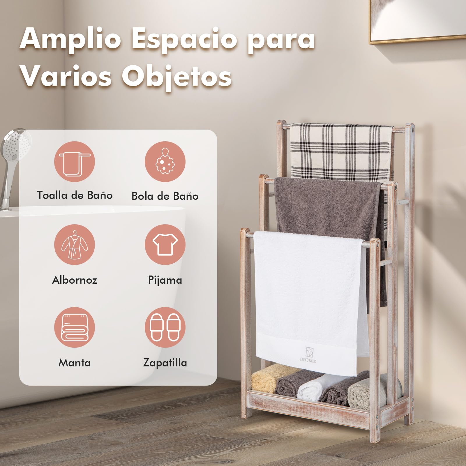 COSTWAY Toallero de Pie con 3 Barras,Toallero de 3 Niveles con Estante Inferior, Soporte para Toallas, Madera de Abeto Macizo, Dispositivo contra Caídas, 45,5 x 22 x 86 cm (Blanco)