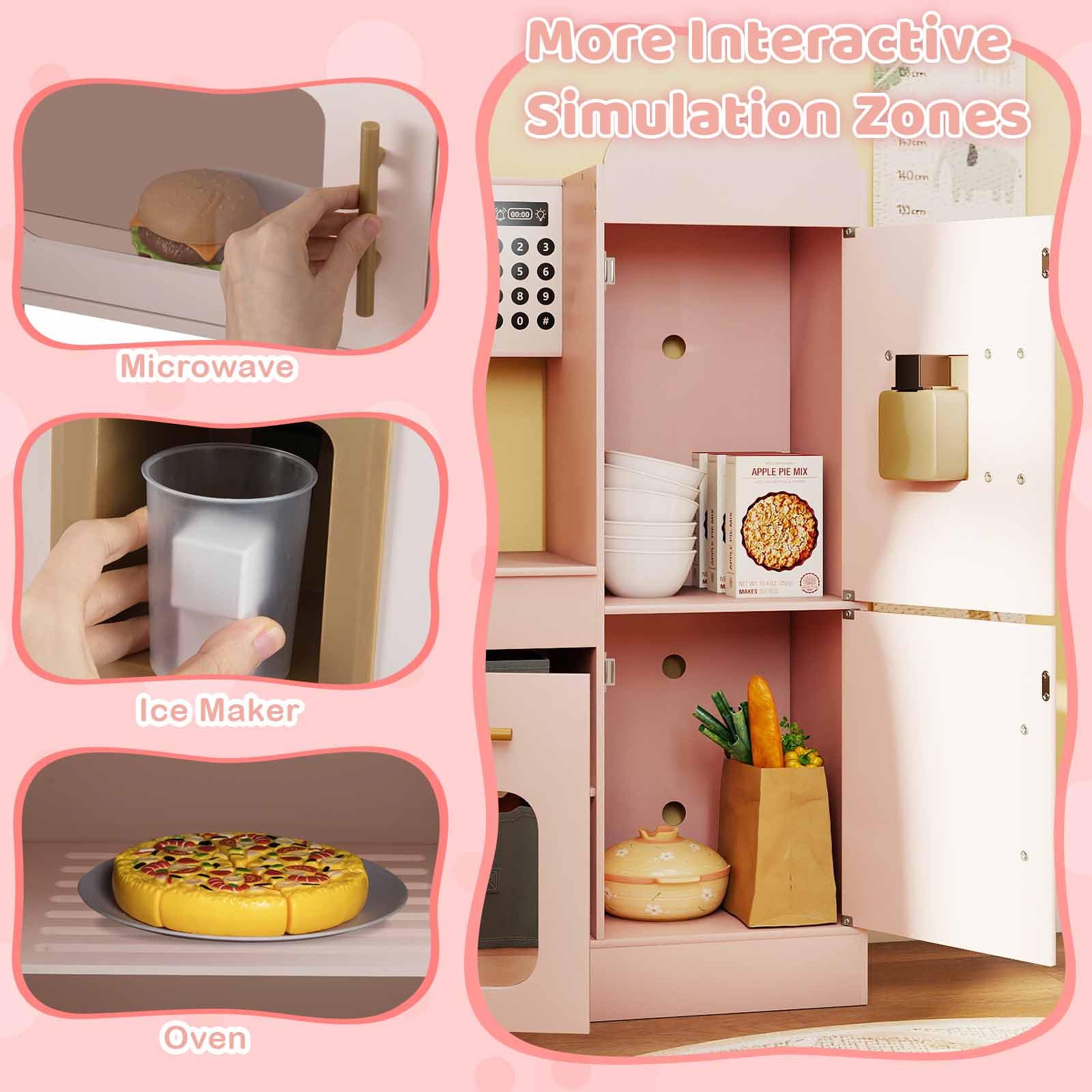 HOMASIS Cucina ad Angolo con Carrello Scorrevole, Luce e Suono, Cucina Giocattolo in Legno con Forno, Microonde, Macchina del Ghiaccio, Fornello, per Bambini da 3 Anni in su (Rosa)