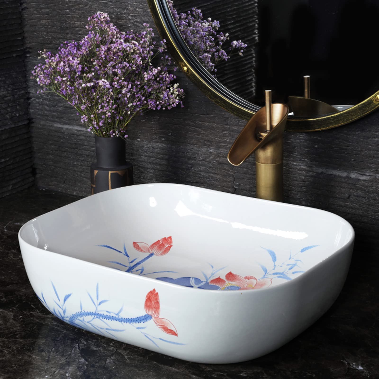Umywalka Nablatowa Łazienkowa, Prostokątna, Porcelanowa, Ceramiczna, Umywalka Nablatowa, Umywalka Nablatowa, Biała, Umywalka Z Wzorem W Stylu Vintage, 17