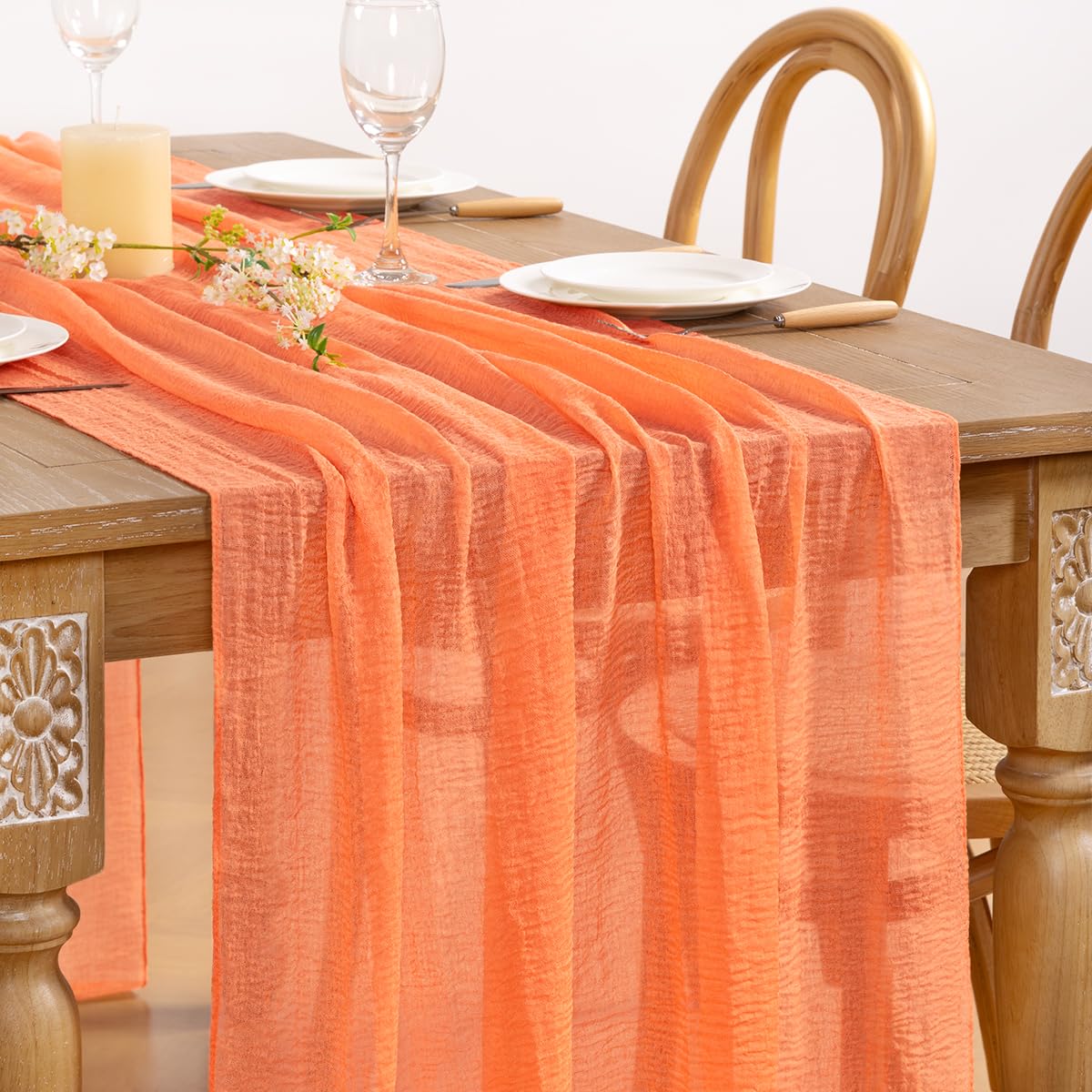DeZerlor Orange Cheesecloth Table Runner 2 Pack Boho Gauze Summer Table Runners 120 inches Sheer Cheese Cloths for Rustic Wedding Bridal Baby Shower Party Summer Table Centerpiece