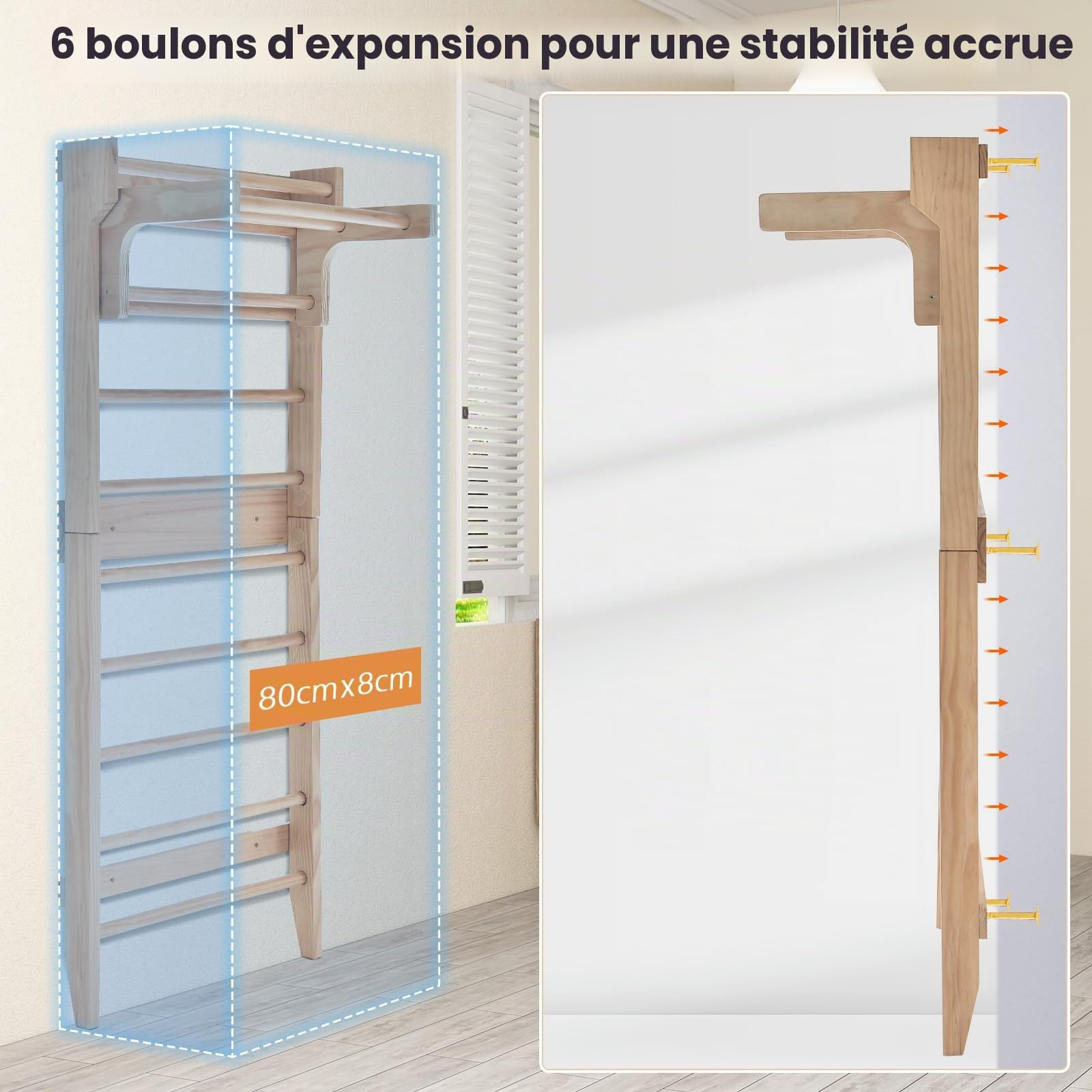 HOMASIS Spallière Gymnastique en bois, Spallière suédoise avec barre horizontale amovible, barre de traction pour enfants et adultes, 80 x 48 x 195 cm