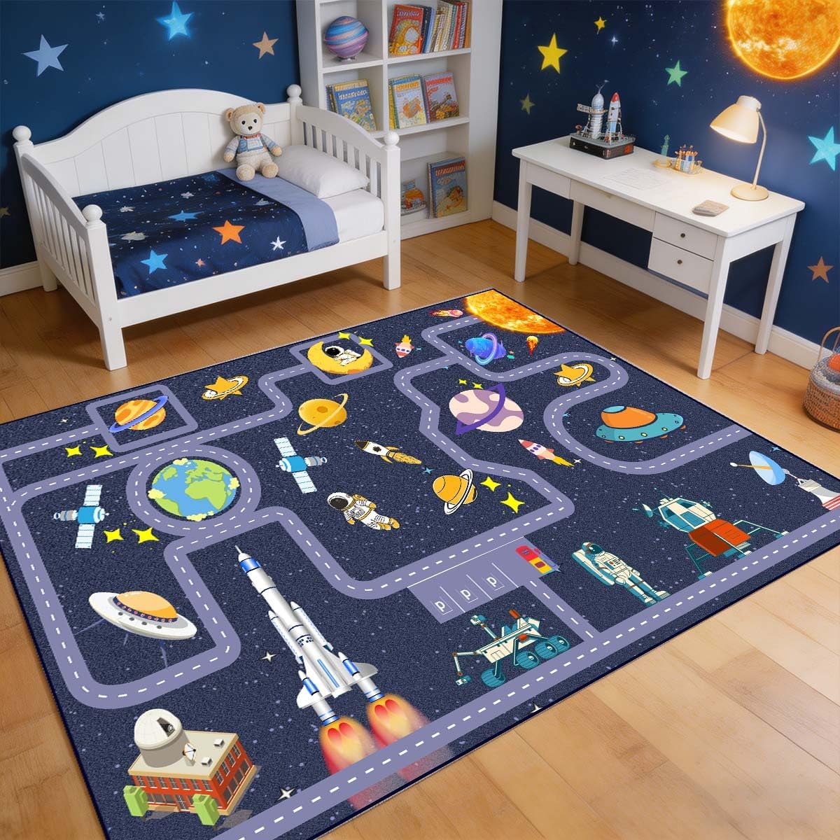 Outer Space Kid Rug，Boys Car Rug for Kids Toy Cars Have Fun Safely, Non-Slip Educational City Road Rugs Carpets for Kid Room Bedroom（47×31 in