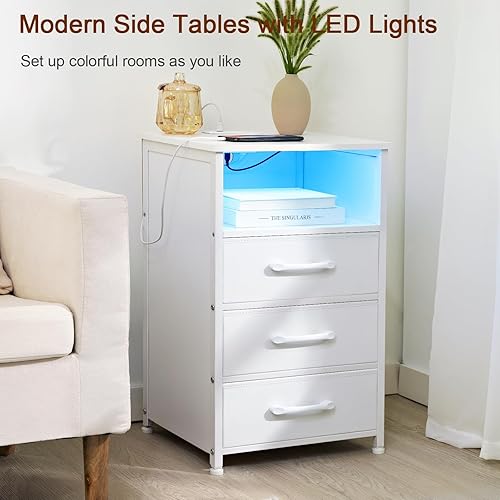 Miniatura 6 de LOAKEKEL Juego de 2 mesitas de noche blancas con estación de carga, mesas auxiliares con 3 cajones de tela, mesita de noche con puerto USB tipo C y