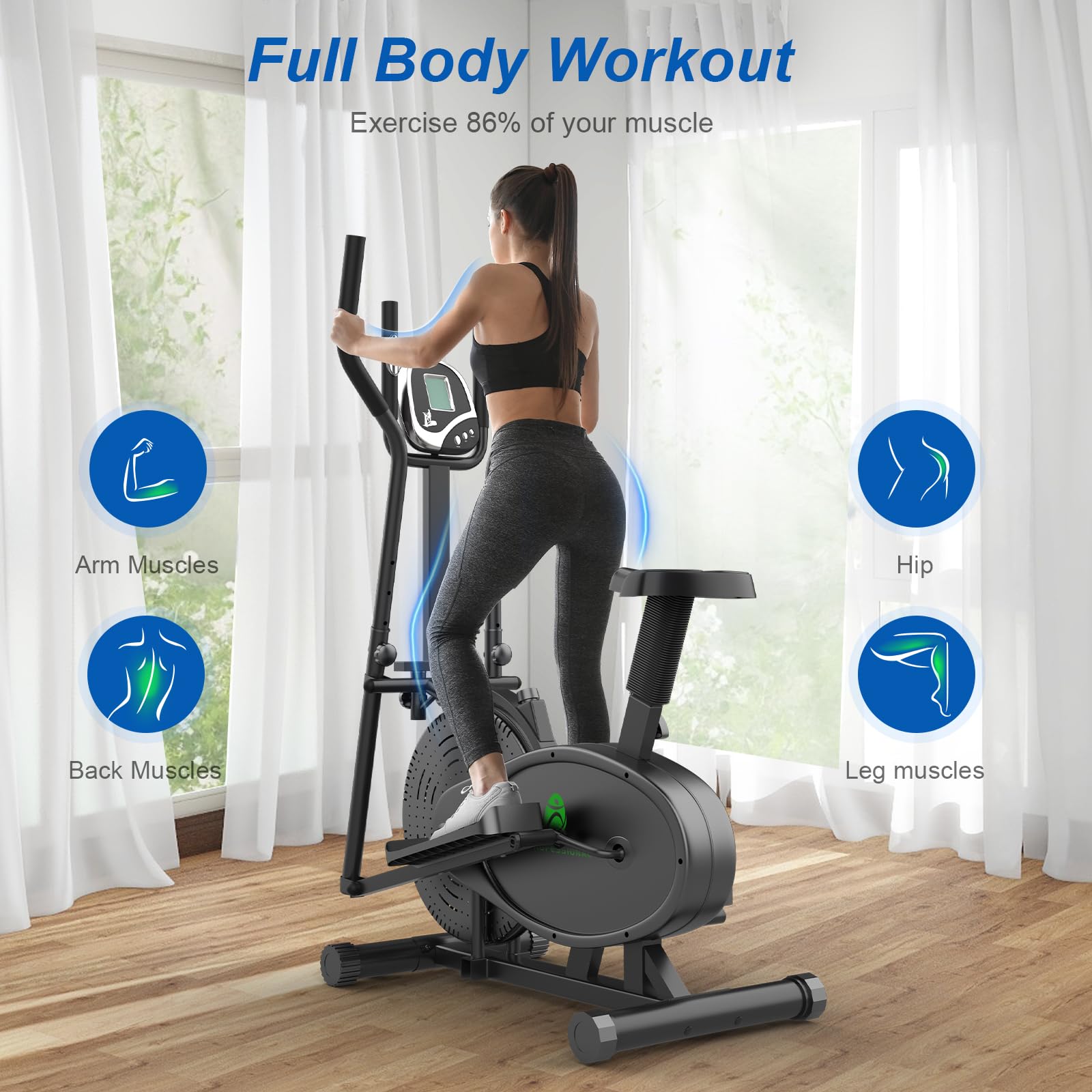 Yonisee 2 in 1 Crosstrainer für Zuhause, Ellipsentrainer mit Ergonomischem Sitzpolster, Einstellbarem Widerstand, LCD-Monitor, Herzfrequenzsensor, Aerobic Crosstrainer Stepper