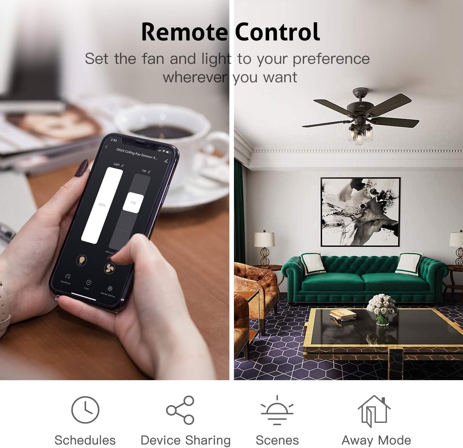 Image showing a smartphone displaying the Smart Life app interface for controlling a smart ceiling fan.