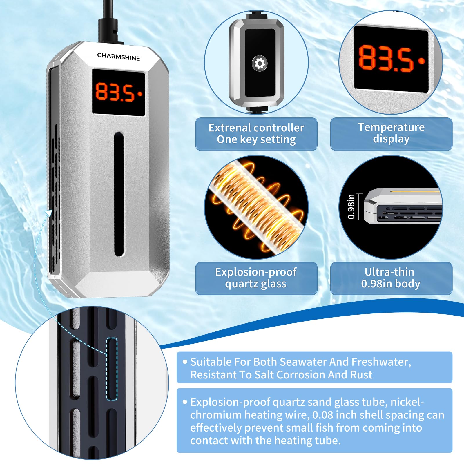 Calentador de acuario de 100 W, calentador de agua sumergible con pantalla digital LED, calentador de agua para tanques de tortugas de agua dulce y salada de 10 a 20 galones