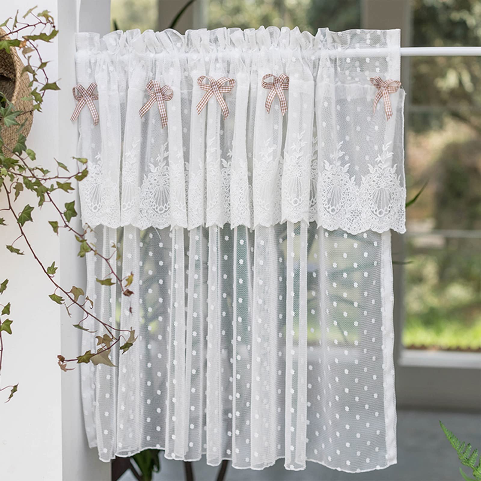 Cortinas cortas de media ventana con flores y tela de hilo para cocina y baño rústico