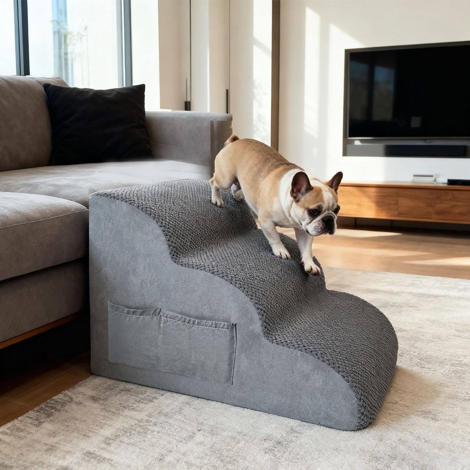 3-stufige Hundetreppe für Kleine Hunde mit Waschbarer Hülle, 2 Aufbewahrungstaschen & Tragegriff - Hochdichte Schaumstoffstufen, Rutschfester Bezug - Grau
