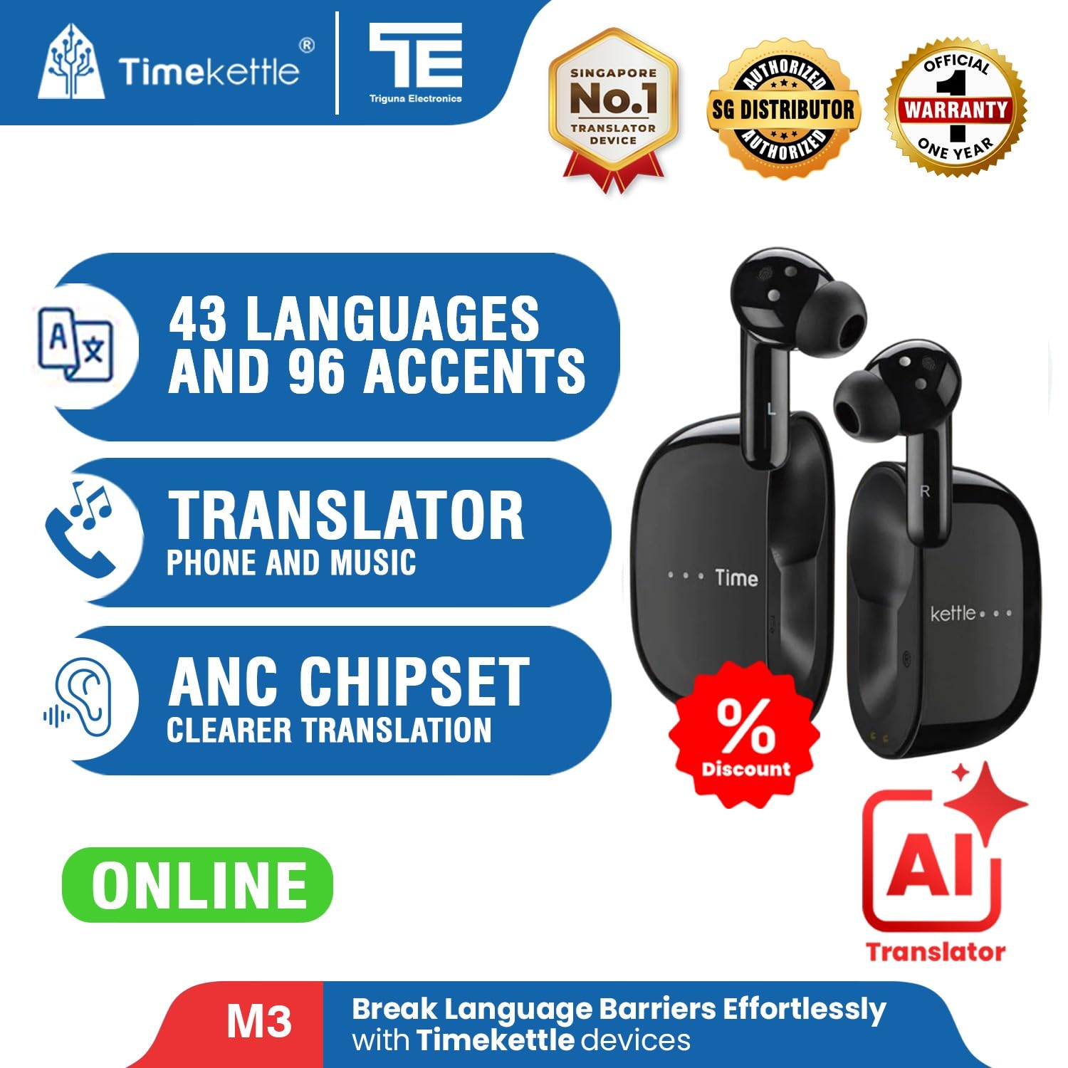 Timekettle M3 AI Translator Earbuds Black– Real-Time Two-Way