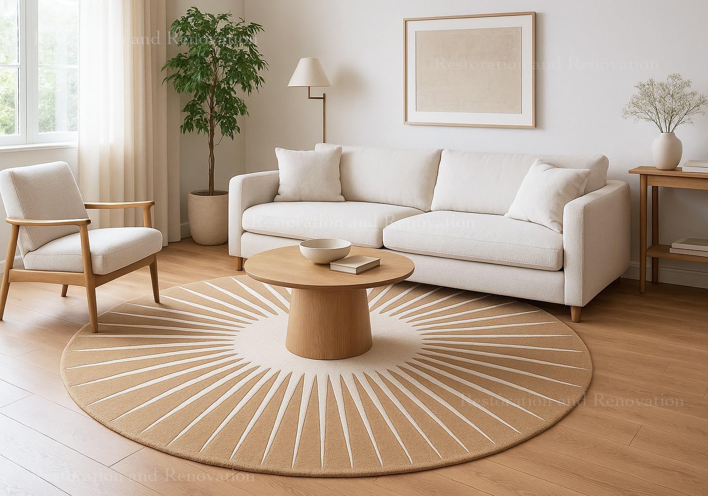 Restoration and Renovation Modern Round Area Rug – Hand-Tufted with 100% NZ Wool, Thick & Soft Circular Carpet for Living Room, Bedroom & Dining Room Decor (Warm Natural, 4' Round)