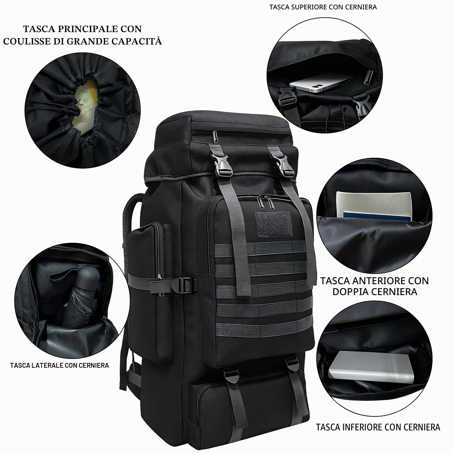Zaino da viaggio, 80 l, tattico militare, ispessito, regolabile, impermeabile, grande capacità, Connettore USB nero