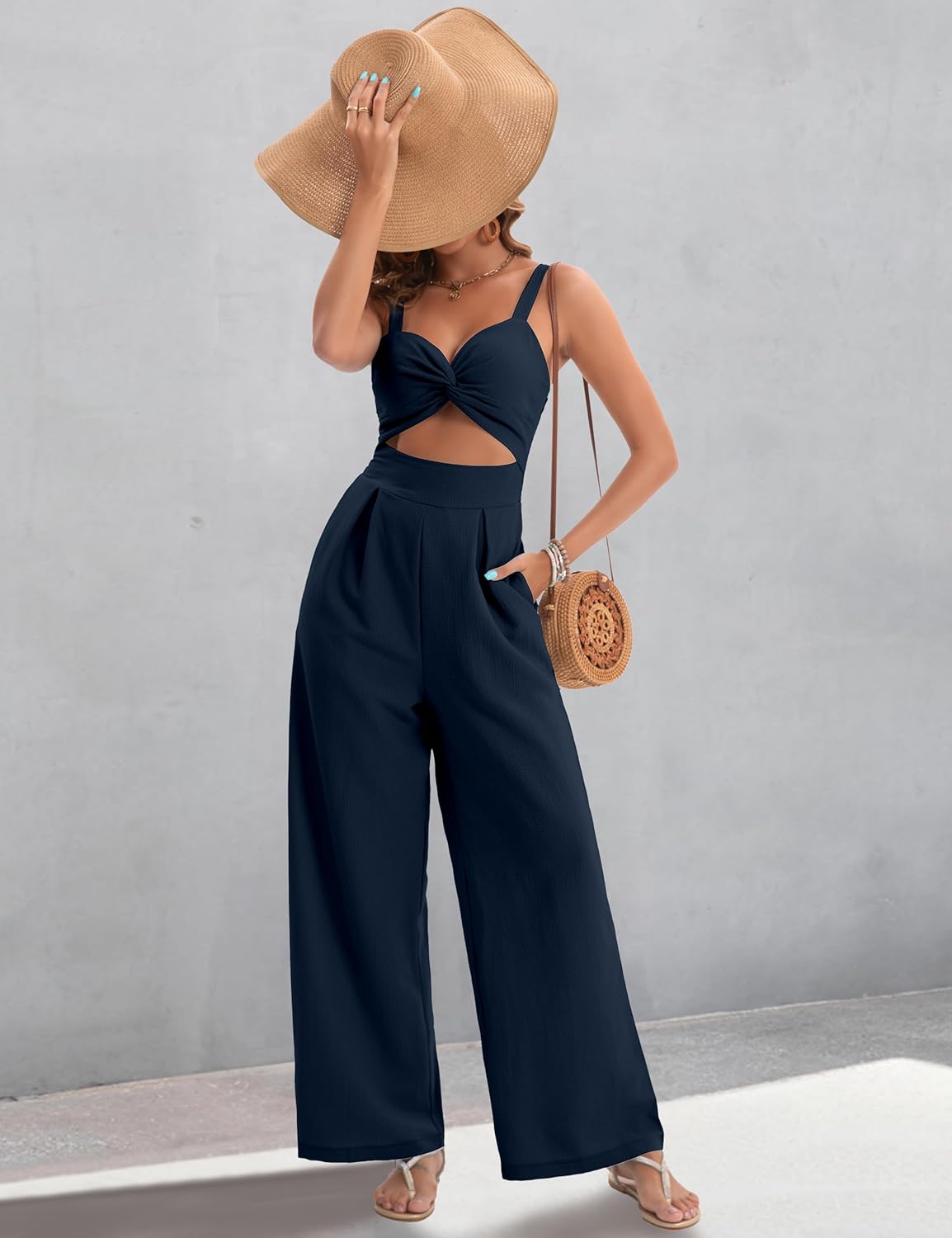 Womens Summer Jumpsuits Dressy Sexy V Neck Twist One Piece Outfits Sleeveless Casual Wide Leg Long Pant Rompers - Image 4