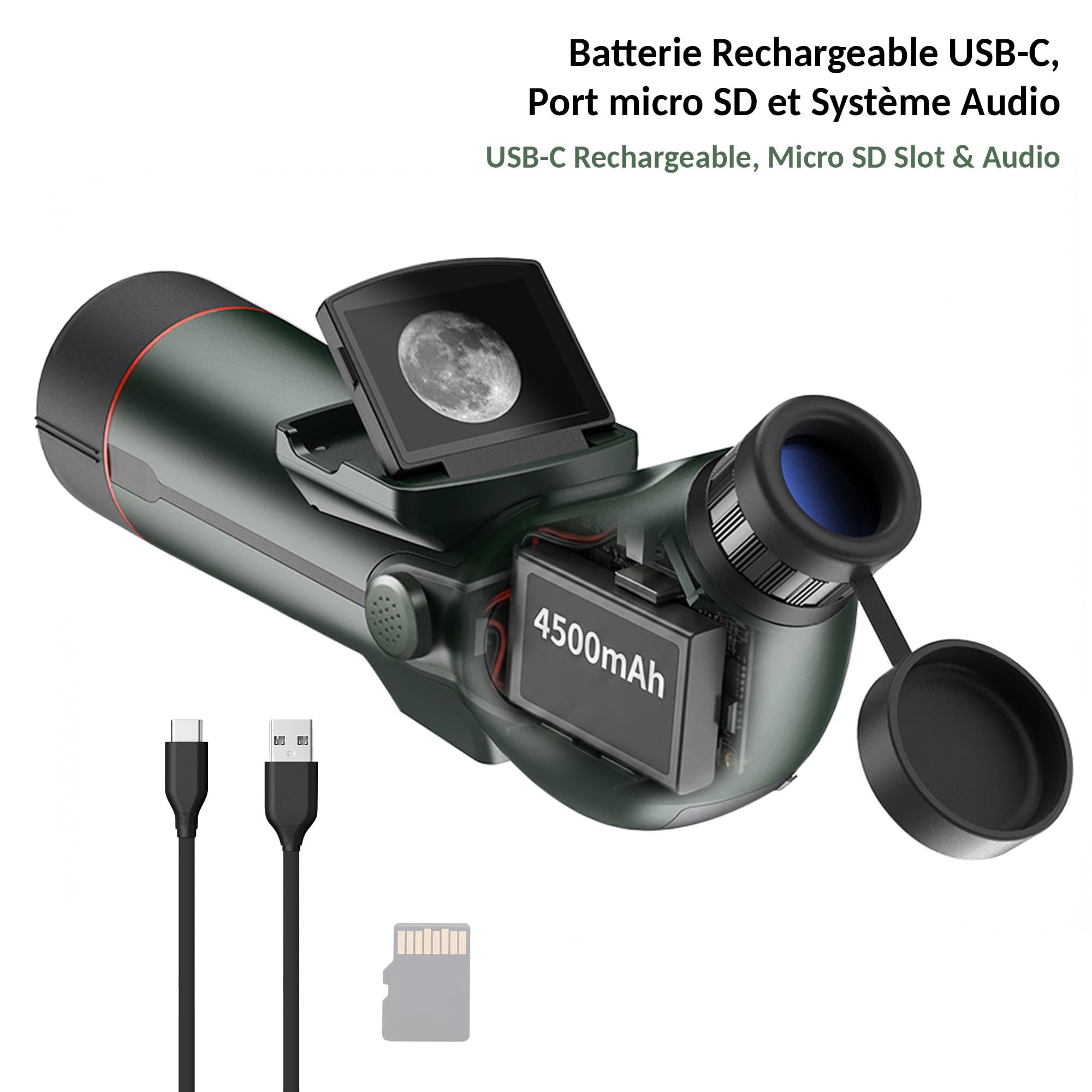 FISHTEC Monoculaire Numérique 4K - Télescope Longue Vue Grossissement x350 Zoom 18x Double Écran et Enregistrement Photo Vidéo 30MP - Rechargeable avec Trépied et Sac de Transport pour Nature et Ciel