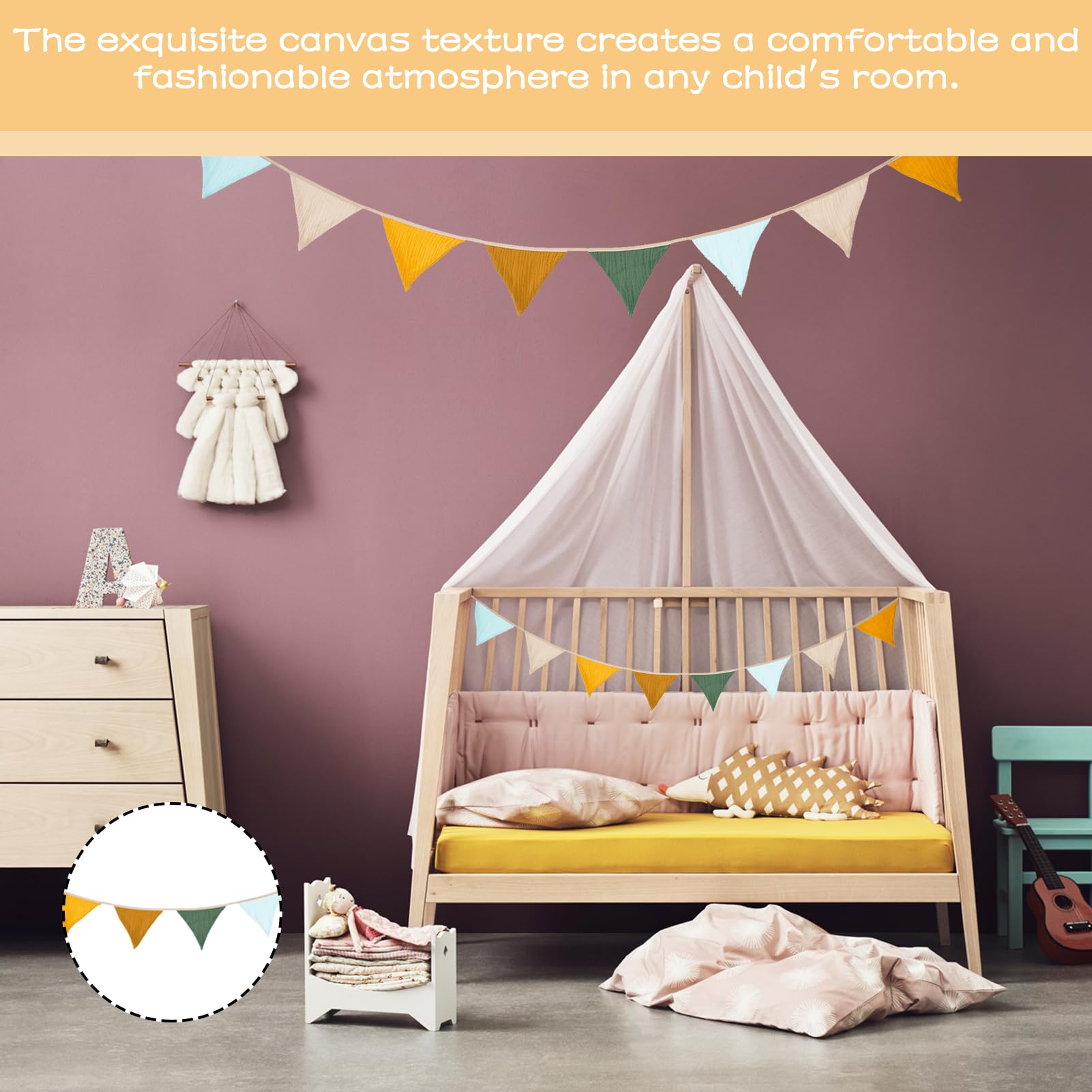 Bandierine Decorazione Cameretta Bambini - Mussola Cotone, 2.6 M, 10 Pezzi, Triangoli Colorati - Foto 3