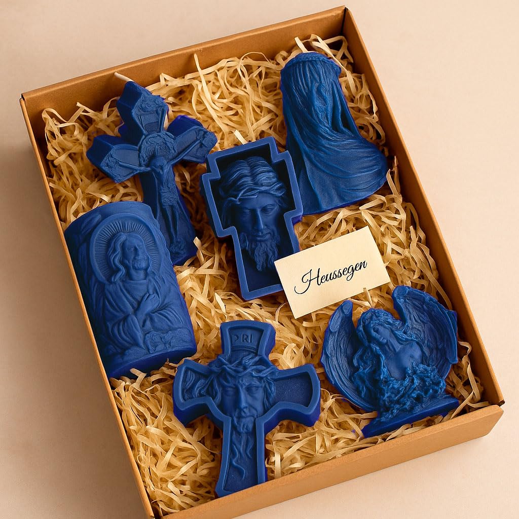 Juego de regalo de velas – 6 velas de cera de abejas hechas a mano, regalo cristiano y espiritual, natural, sin aroma, sostenible y símbolo de fe (azul oscuro)