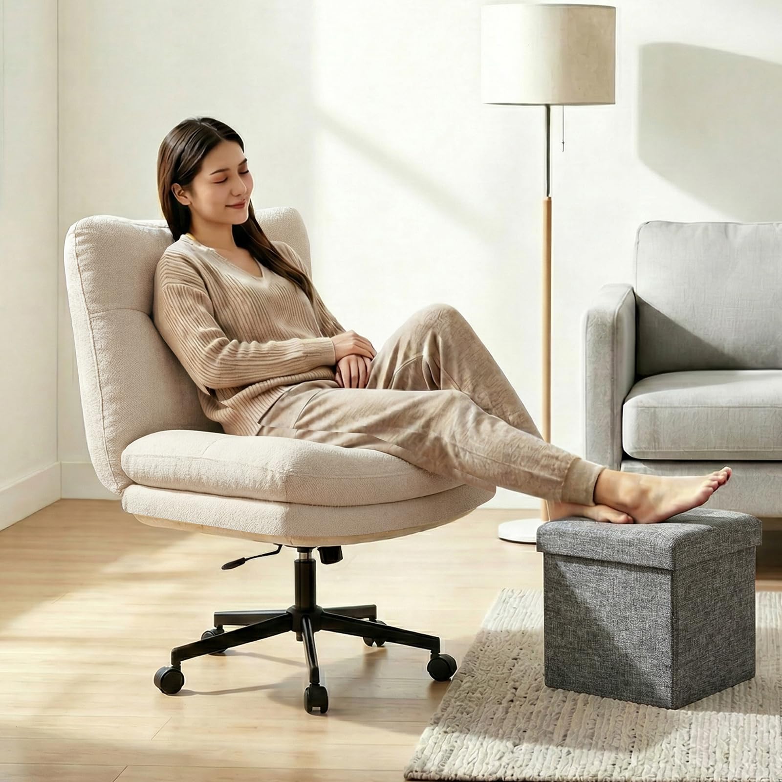 Silla Oficina Silla Escritorio sin Brazos Silla Tocador, Silla Oficina de Tela Giratoria Ajustable con Taburete de Almacenamiento y CojÃn Grande, Sillon Lectura para Casa Salon y Oficina, Beige Global Recycled Standard Global Recycled Standard Global Recycled Standard