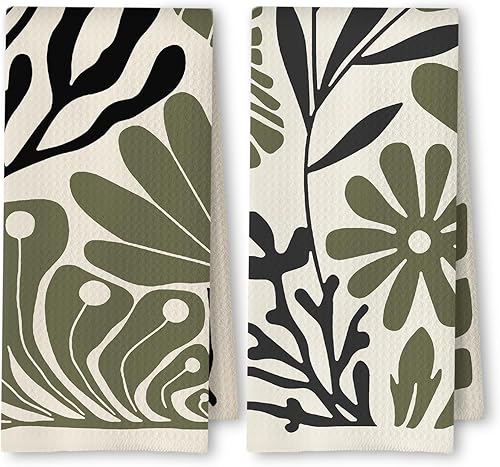 Juego de 2 toallas de cocina florales bohemias, color verde y negro, estilo bohemio, de los años 70, estilo botánico, para decoración de cocina,