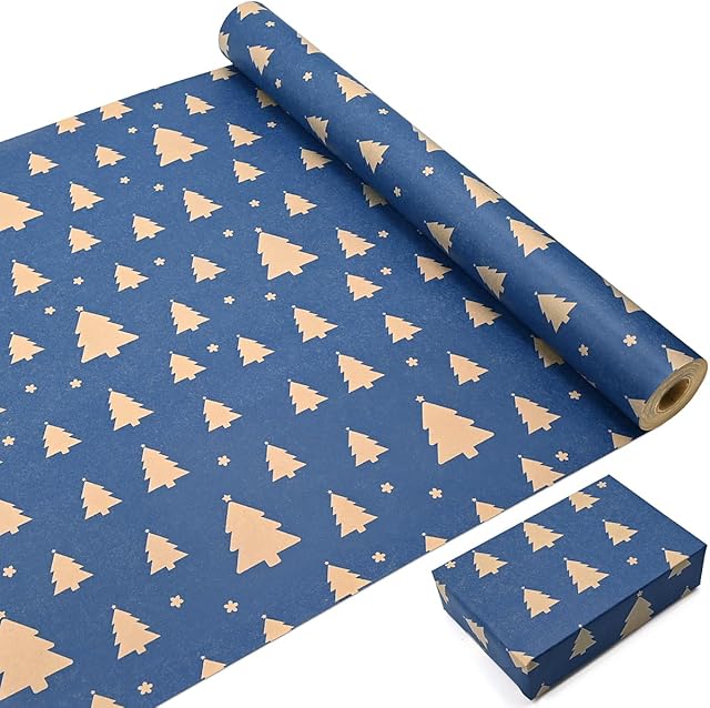 Roll of Kraft Wrapping Paper Roll, kolorowy prezent, w 100% z recyklingu, ekologiczny, na prezent, imprezę, Boże Narodzenie, dekoracja urodzinowa (niebieskie drzewo)