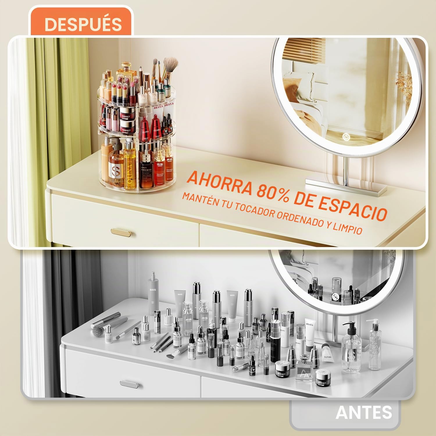 Auxmir Organizador de Maquillaje, Giratorio 360°, Organizador para Perfumes Cremas Pintalabios Skincare, Almacenaje Cosméticos con Capas Ajustables para Tocador Baño, Gran Capacidad