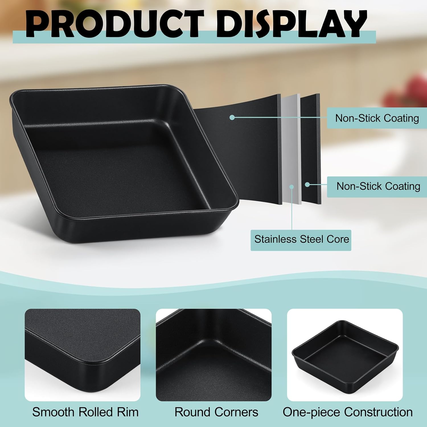 TeamFar Square Cake Pan, 6 inch Small Baking Roasting Pans with Stainless Steel Core & Nonstick Coating, for Making Cakes Brownie Lasagna, Non-toxic & Sturdy, Oven Safe & Easy to Clean – Set of 2 - Image 3