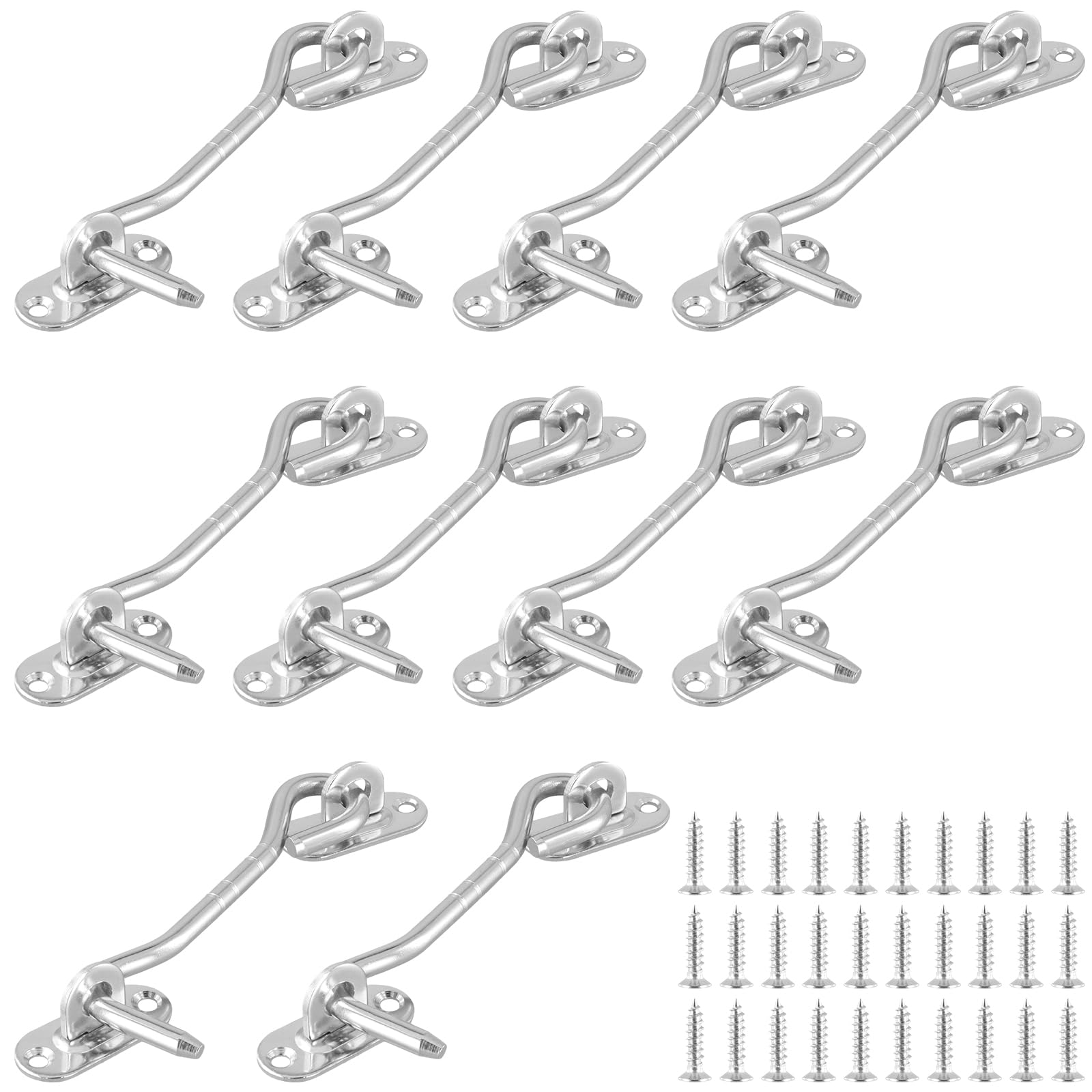 MANCHAP 10 Pack 4 Inch Silver Cabin Hook and Eye Latch, 100mm Small Door Gate Latch and Eye Latch with Screws for Window, Shed, Closet