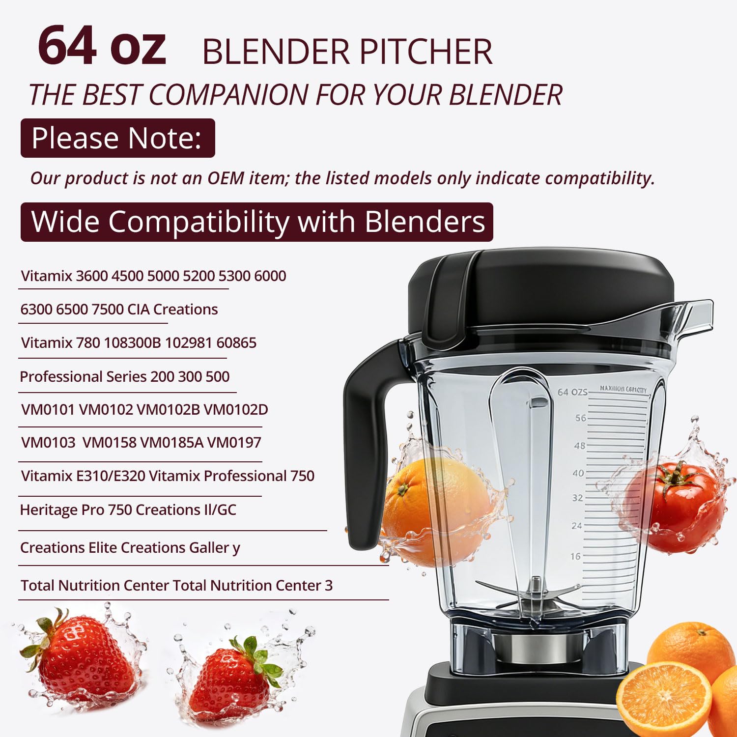 64oz Low-Profile Blender Pitcher Container, Compatible with Vitamix 5200 750 7500 6300 VM0102 VM0103 VM0197 E310 Classic/Explorian/Commercial Series, BPA-Free, Replacement Jar Cup - 3