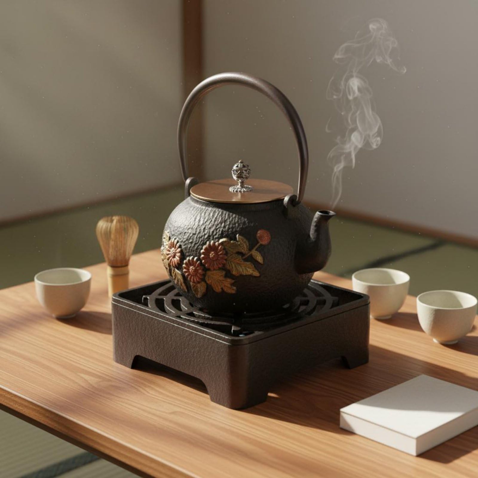TISHITA Tetera de Hierro Fundido Japonesa Tetera Hervidor Caldera Decorativa y Funcional Libera de Hierro y el Cobre y Relieve Adecuada para del Té Meditación Hogar, 1.2L Girasol