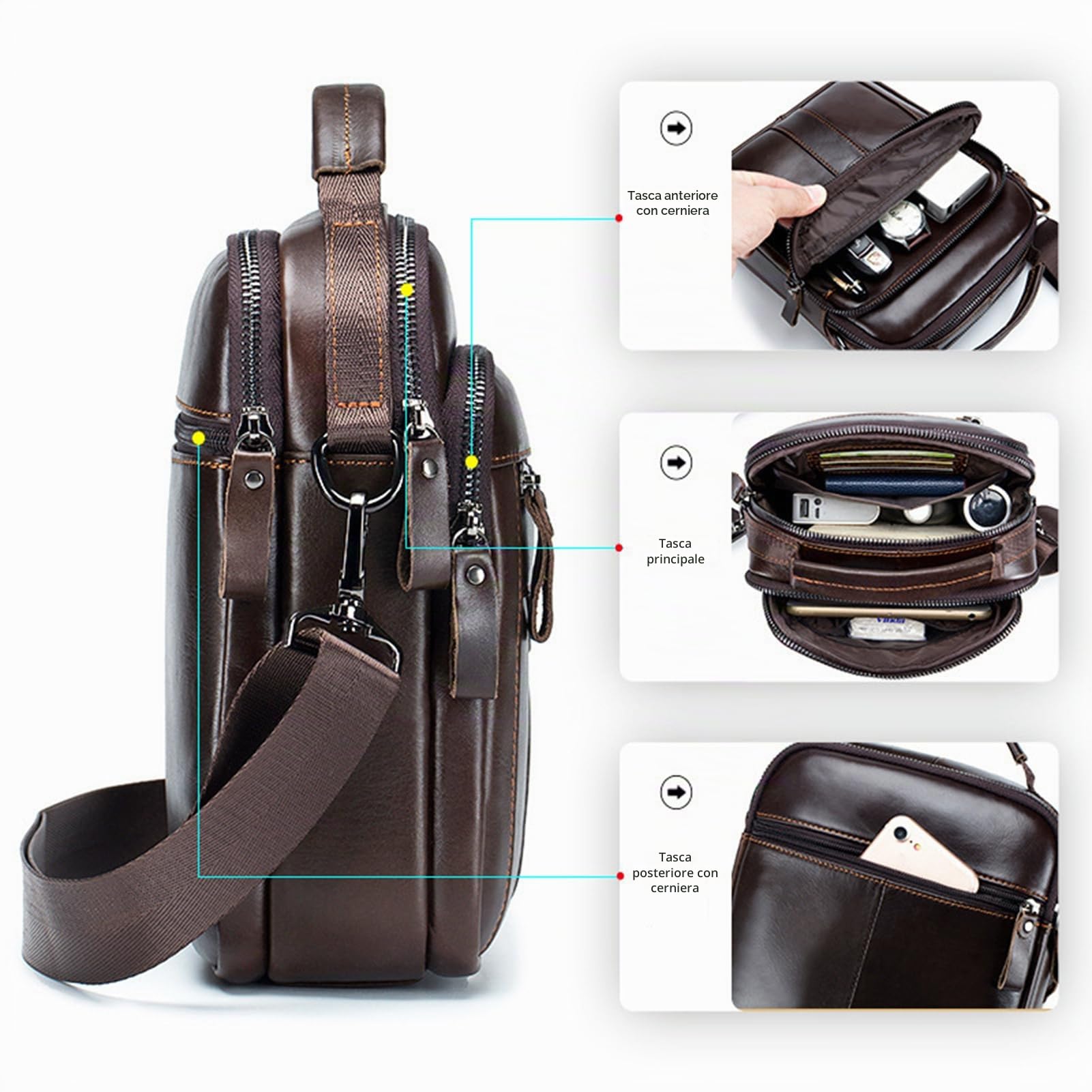 pundarika Borsello Uomo Tracolla Pelle Borsetta da Uomo Tracolla in Vera Pelle Borse Uomo Borselli a Spalla Crossbody Borse-Marrone scuro