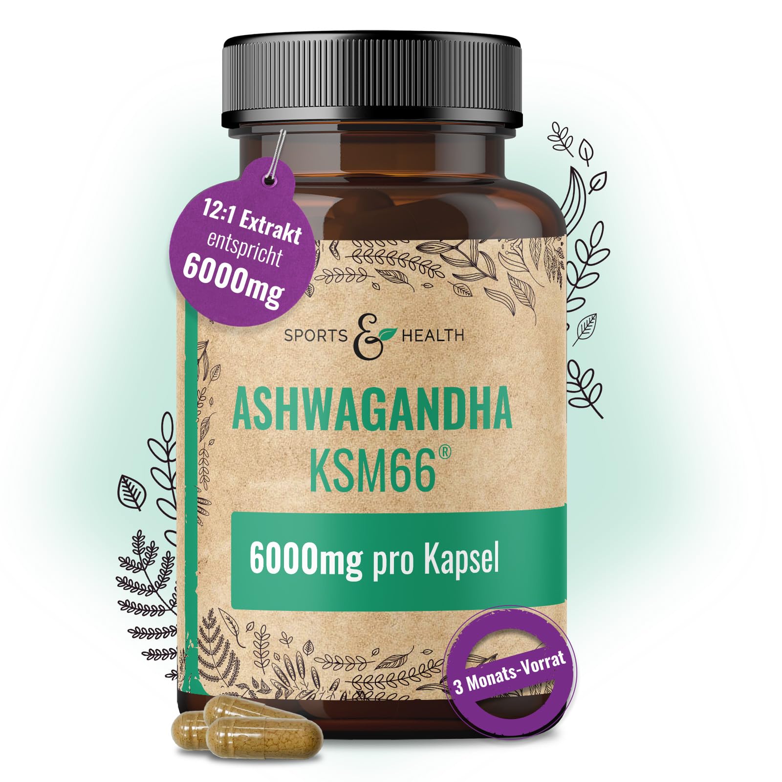 Ashwagandha KSM-66 Kapseln - Ultra Hochdosiert 6000mg pro Kapsel – Reines Extrakt ohne Zusätze – 100 Ashwagandha Kapseln – KSM66 Withanolide