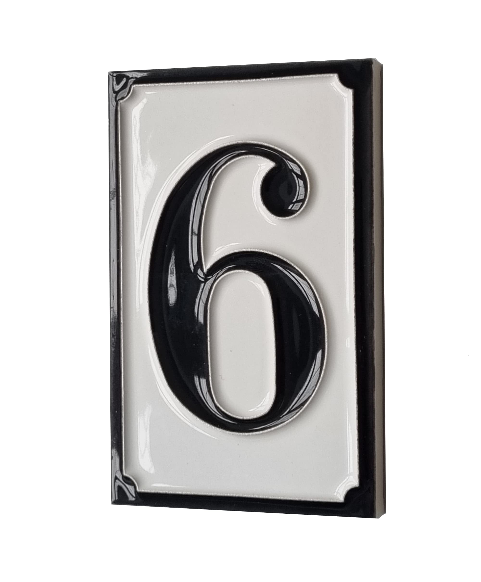 Hand-painted Italian-styled Black and White Ceramic Custom House Address Numbers Tiles 11 x7 cm (Number 6 tile)