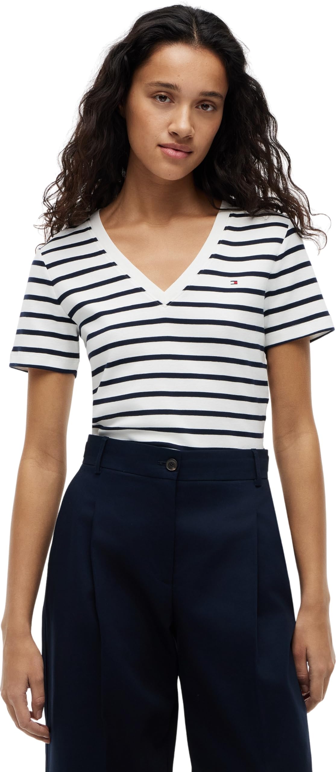 Tommy Hilfiger Women’s Short Sleeve T-Shirt New Slim Cody V-Neck, Multicolor (Breton/ECU/Dark Night Navy), XXS