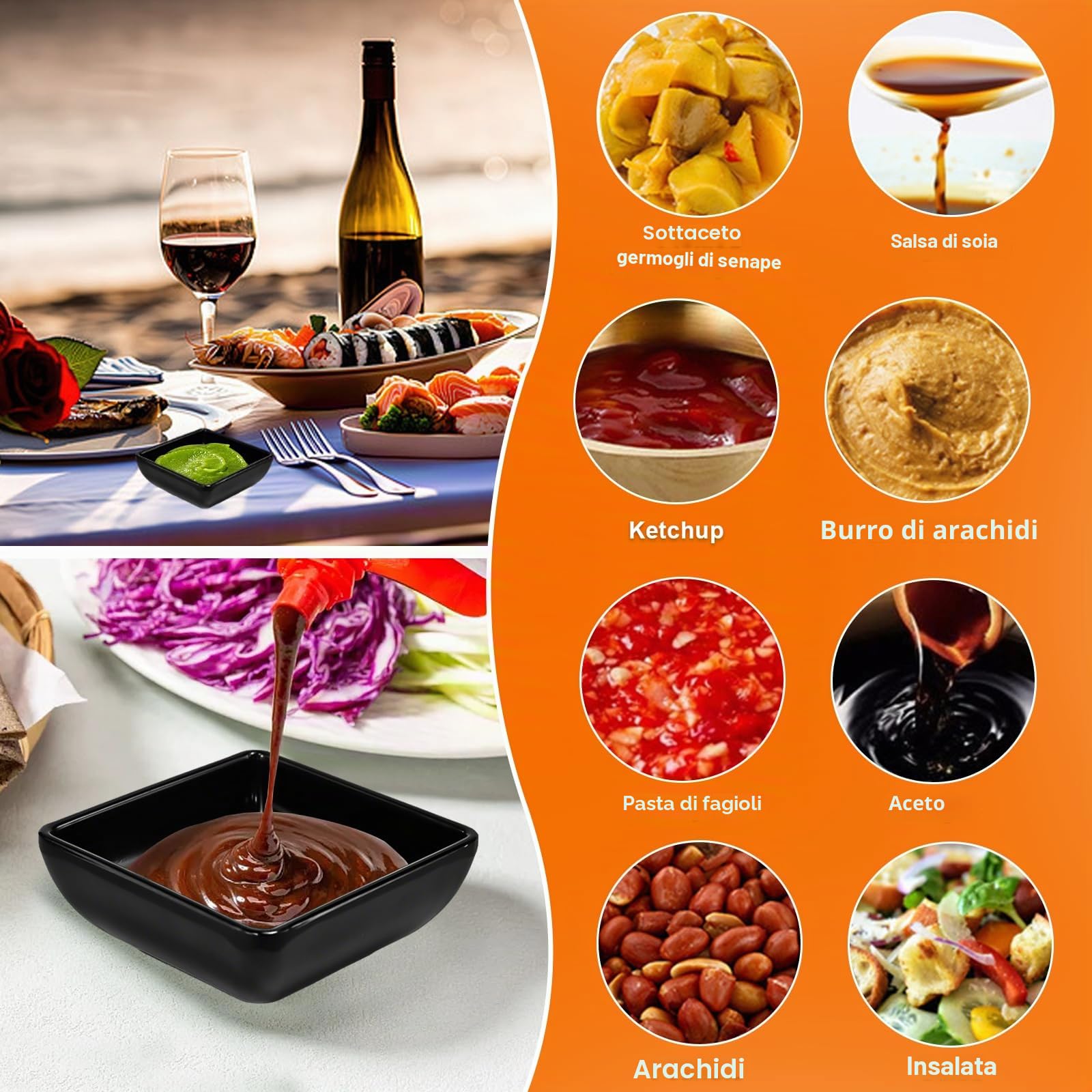 10 Pezzi Ciotole per Salsa di Soia Ciotole Aperitivo 7,3x7,3x3cm Ciotol e per Spezie Nero Quadrate Piattino per Salse Impilabili Riutilizzabile Mini Ciotol e per Salse Spezie Intingoli e Snack