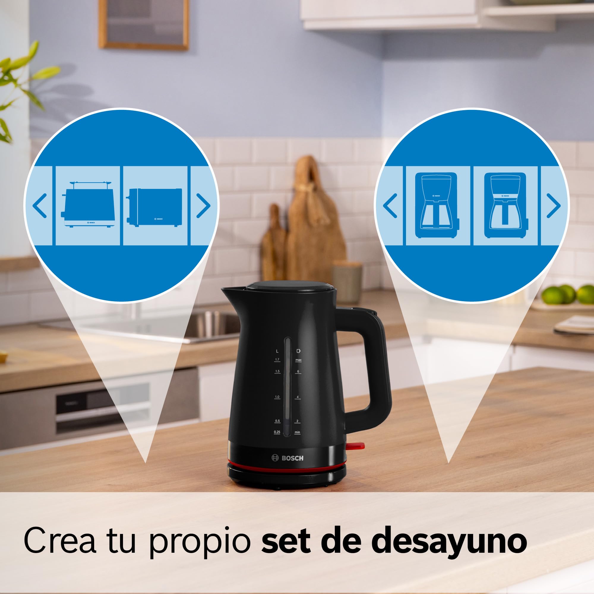 Bosch - Hervidor eléctrico, MyMoment, manejo ergonómico, triple sistema de seguridad, filtro antical, capacidad de 1,7 l, negro, TWK3M123