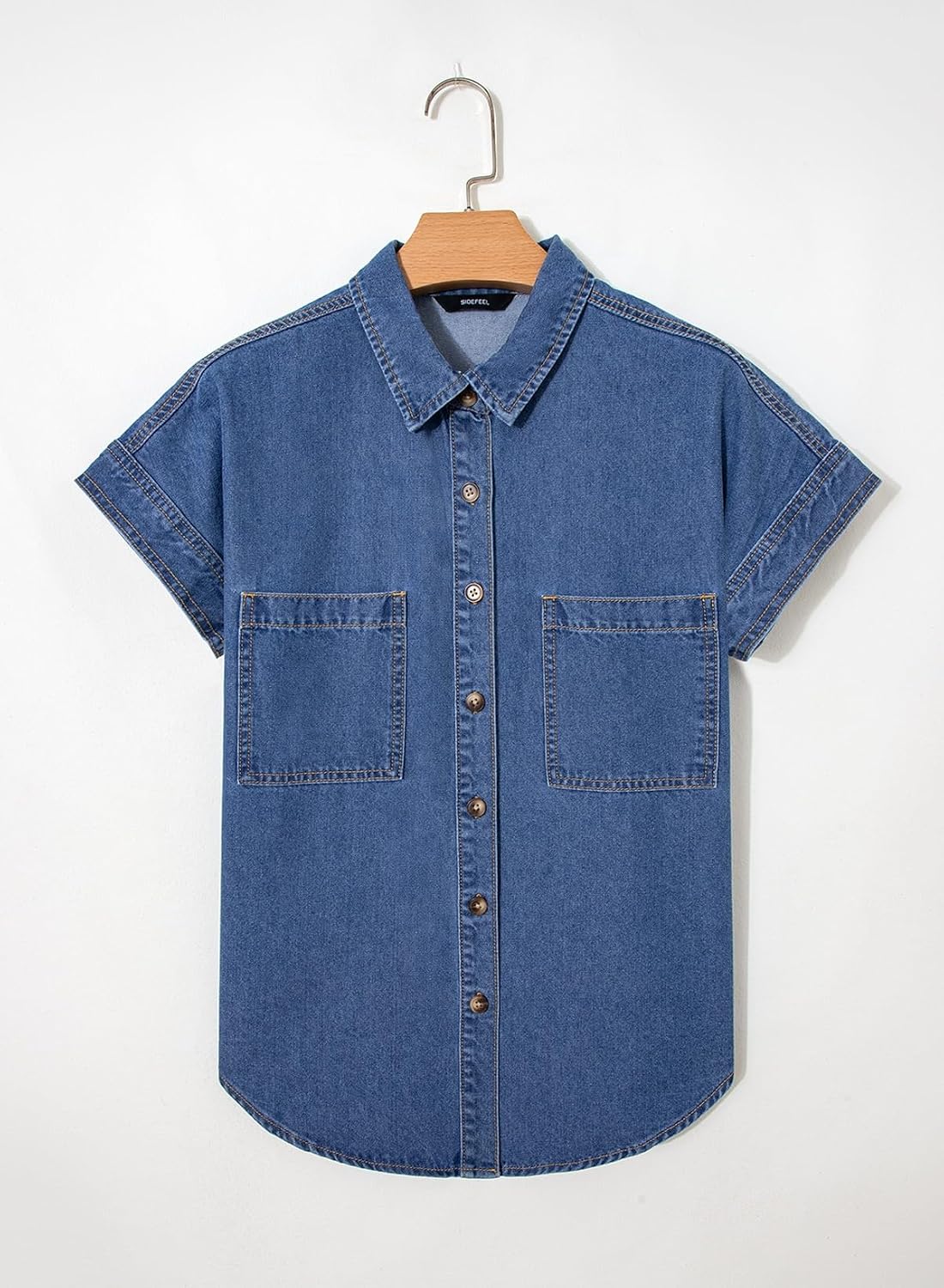 Sidefeel Women's Button Down Denim Shirt Collared Short Sleeve Jean Shirt Blouse with Pockets