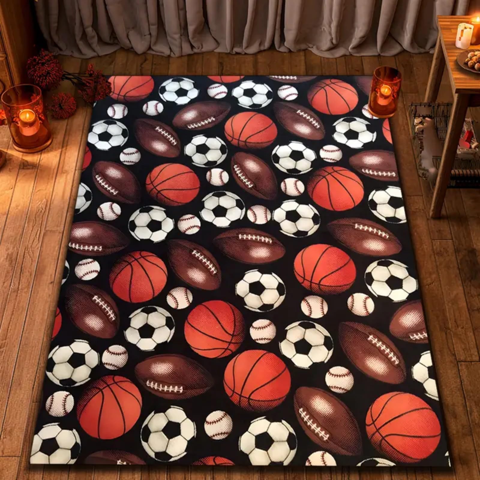 ZLXMN 160x200cm Sports Rug,Colorful Basketball Baseball Football Soccer Washable Indoor Mat,Boys and Girls Room Decor Extra Large Non-Slip Floor Carpet for Bedroom Bedside