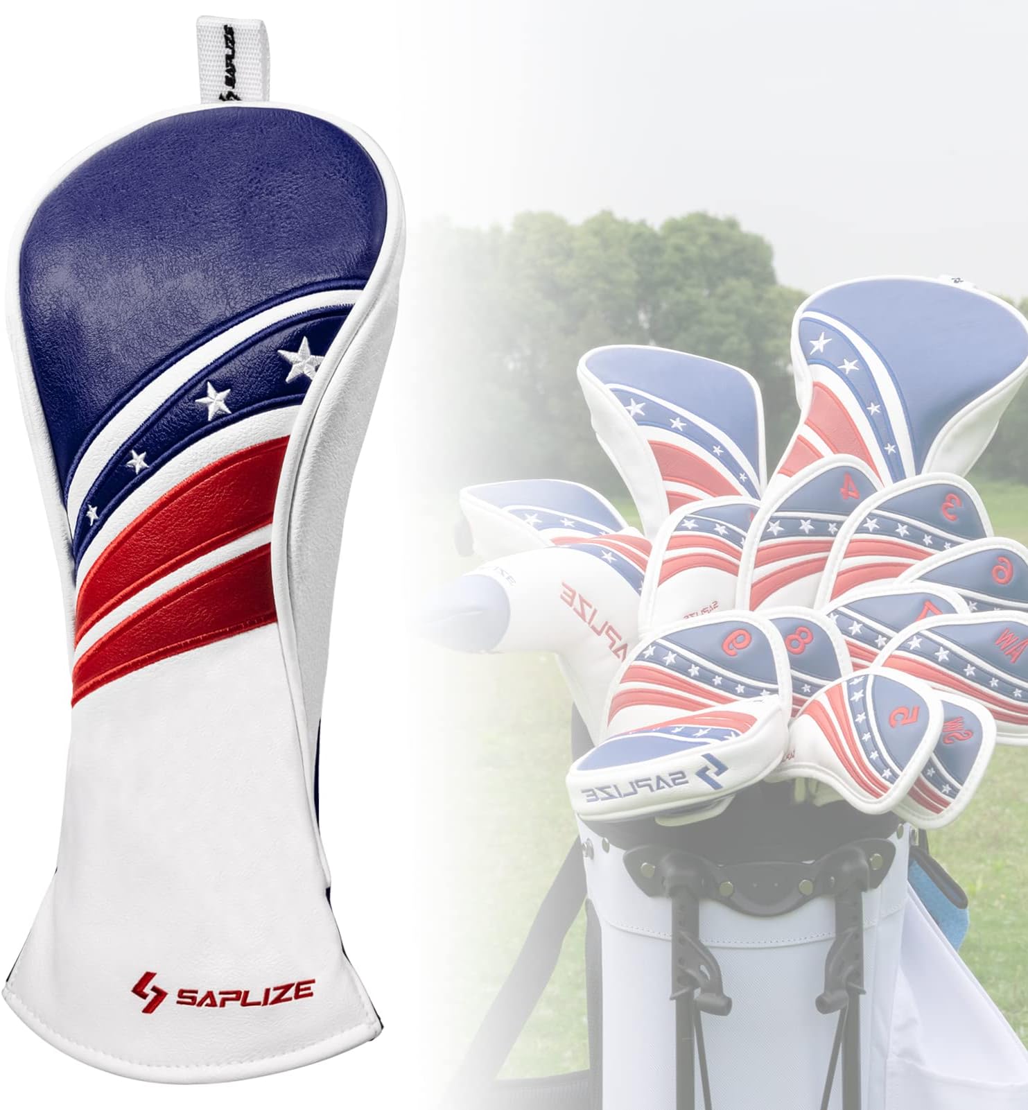 SAPLIZR Golf Club Head Covers Fits Driver, Premium PU Leather Golf Headcovers for Clubs Protector, Embroidered Stars and Strips Flag Design