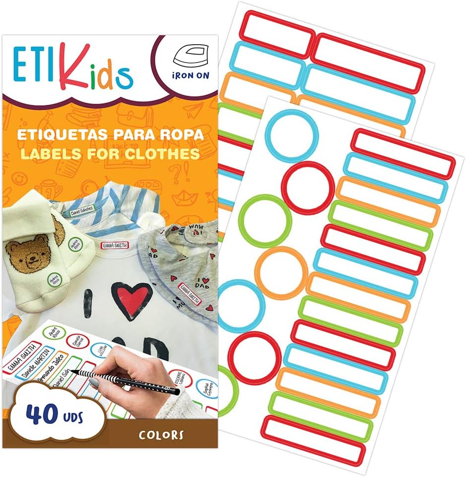 ETIKIDS 40 Writable Fabric Clothing Labels for School and Nursery, Colorful, Customizable, Washable, Iron-on, for Kids, Newborns, and Adults, Diverse Sizes, Colored Borders