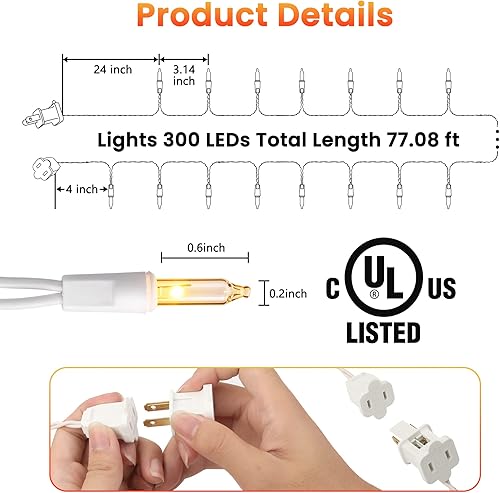 Miniatura 7 de Extensión de luces de Navidad transparentes, 300 bombillas incandescentes y 77 pies de longitud, con certificación UL, conectable, cable blanco para