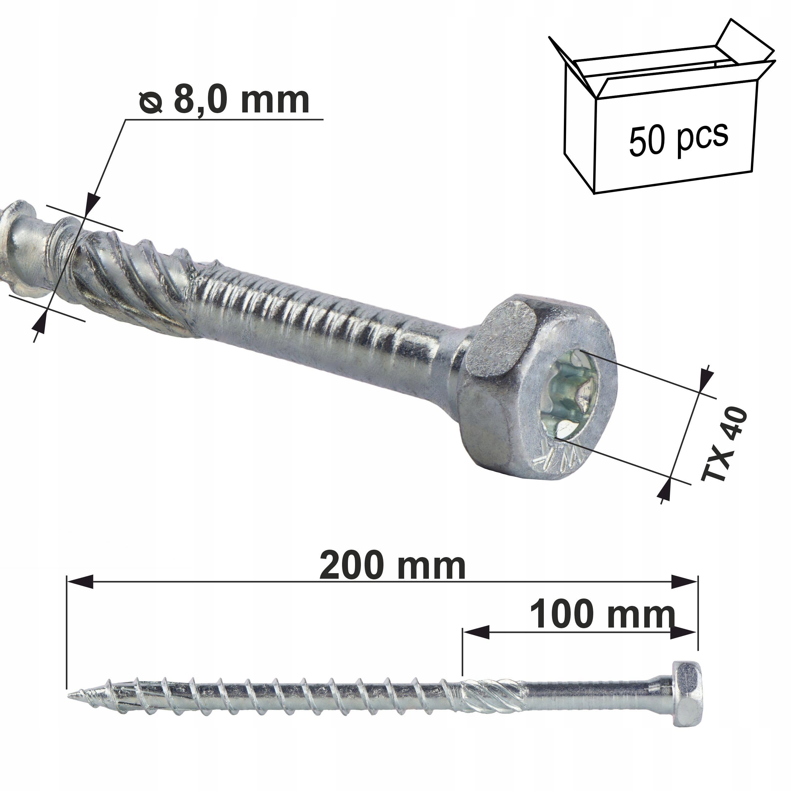 KLIMAS Wysokiej jakości wkręty do drewna z łbem sześciokątnym 8 x 40-300 mm, 50 sztuk (50, 8 x 200 mm)