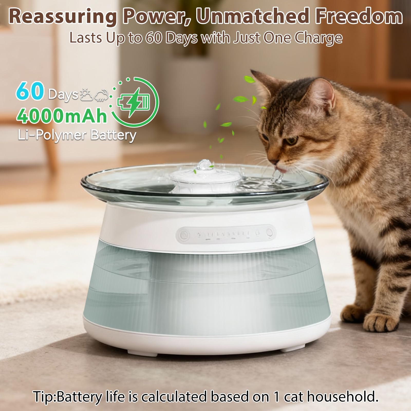 Fuente de agua inteligente de vidrio para gatos, fuente de agua inalámbrica sin filtro, no necesita filtro, dispensador de agua inalámbrico ultra silencioso para mascotas para interiores