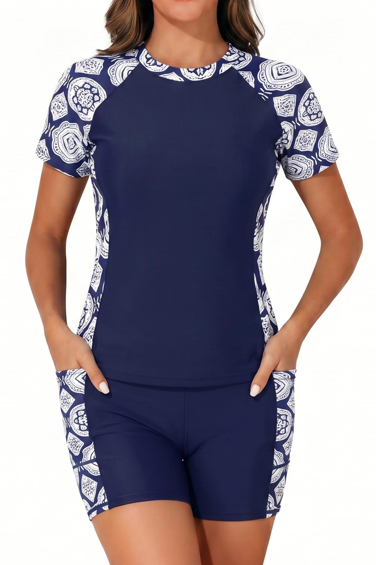 Daci Short Sleeve Rash Guard 2 Piece Swimsuits with Bord Shorts