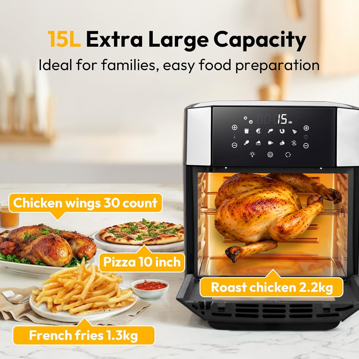 LLIVEKIT Air Fryer Oven showing a whole roast chicken inside, along with examples of french fries and chicken wings