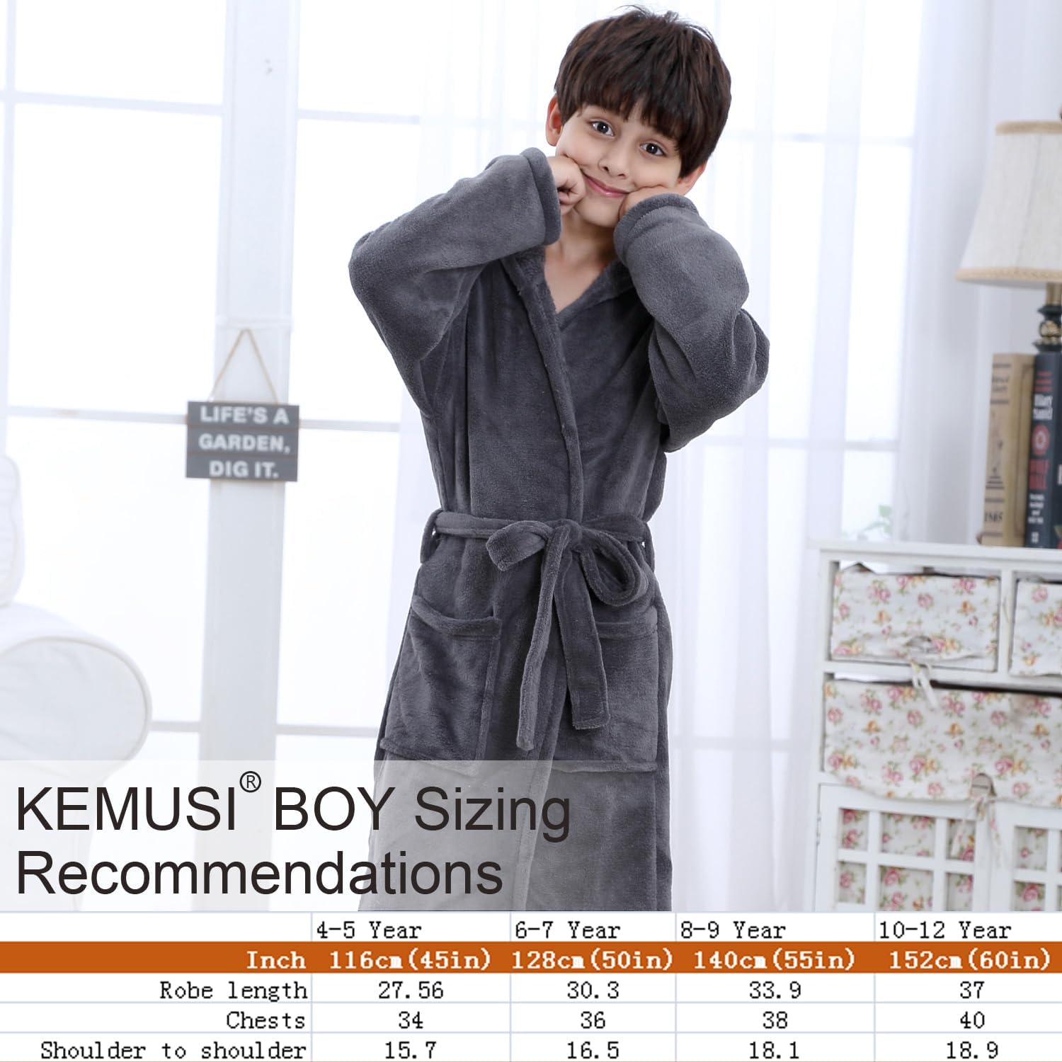 Hooded Herringbone Boy's Fleece Soft Spa Kimono Long Robe, Kids Comfy Sleepwear Bathrobe - Image 2