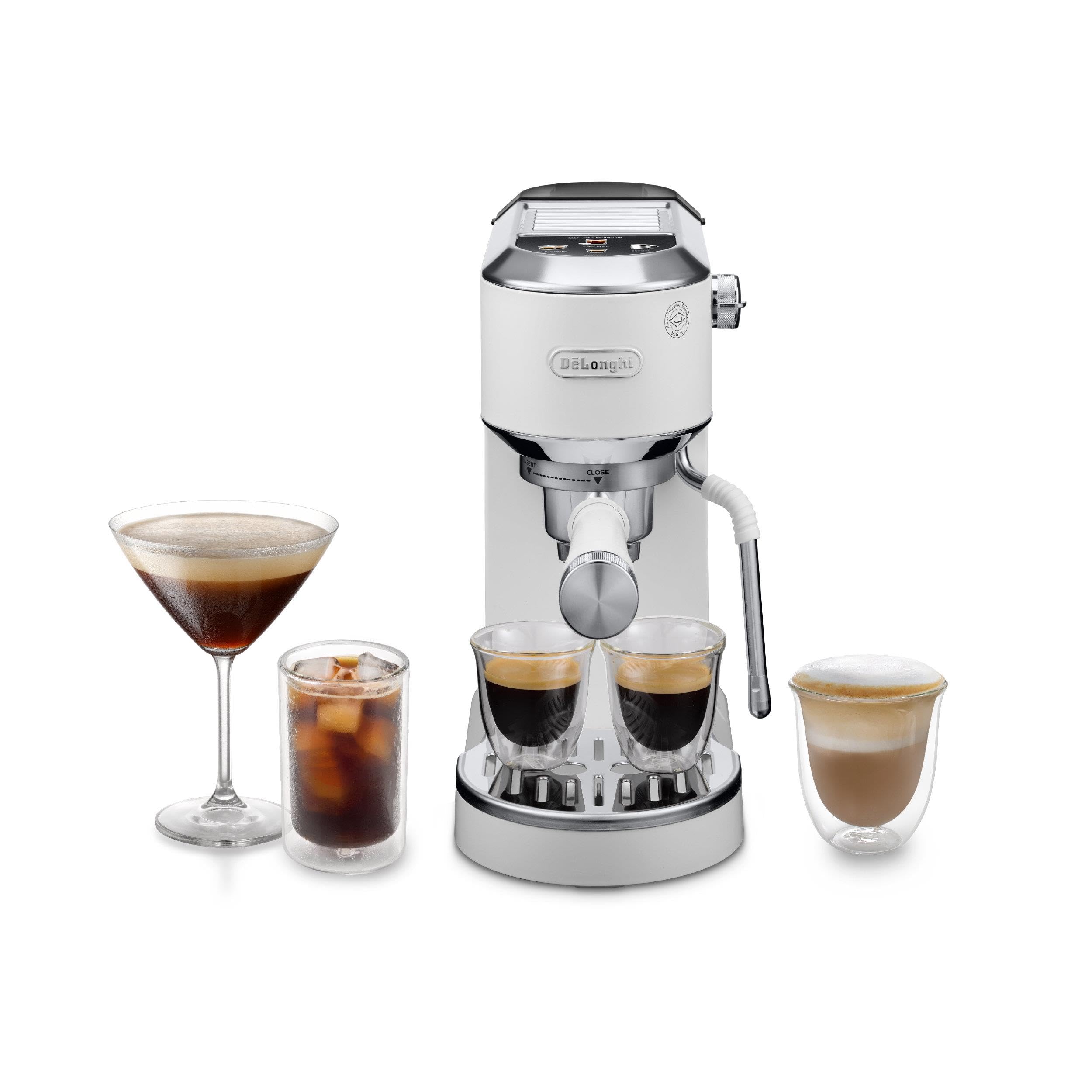 De'Longhi Dedica Duo EC890.WI, Barista Coffee Machine with Pump, Espresso and Cold Brew, Manual Coffee Machine with LatteArt Steam Rod, 15 cm Wide, 2 Espresso, Touch Screen, Cups up to 13 cm, White