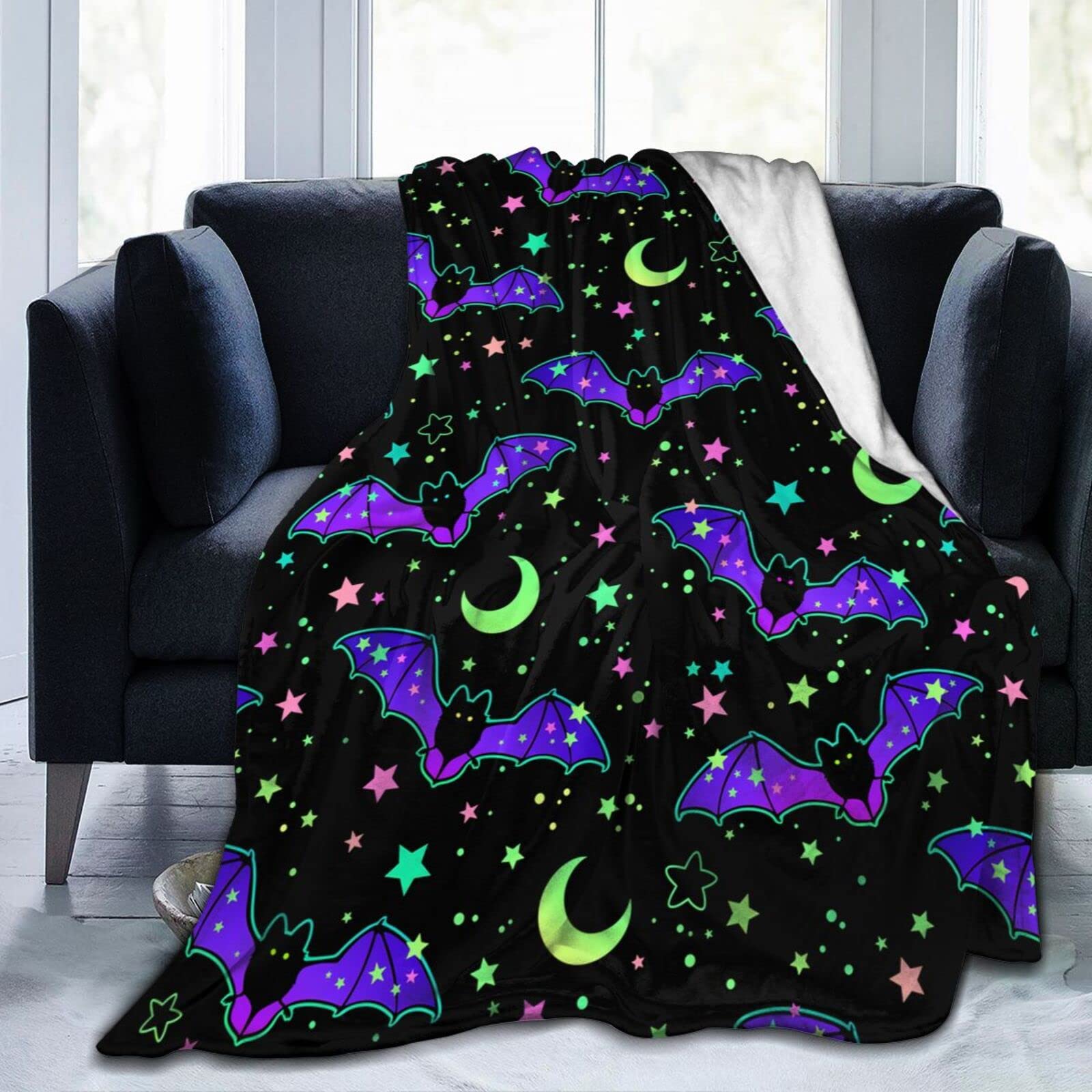 Lsjuee Bright Bats Throw Blanket Warm Cozy Blankets Lightweight Soft Cozy Flannel Funny Halloween Blanket for Sofa Couch Bed Home Decoration 80"X60"