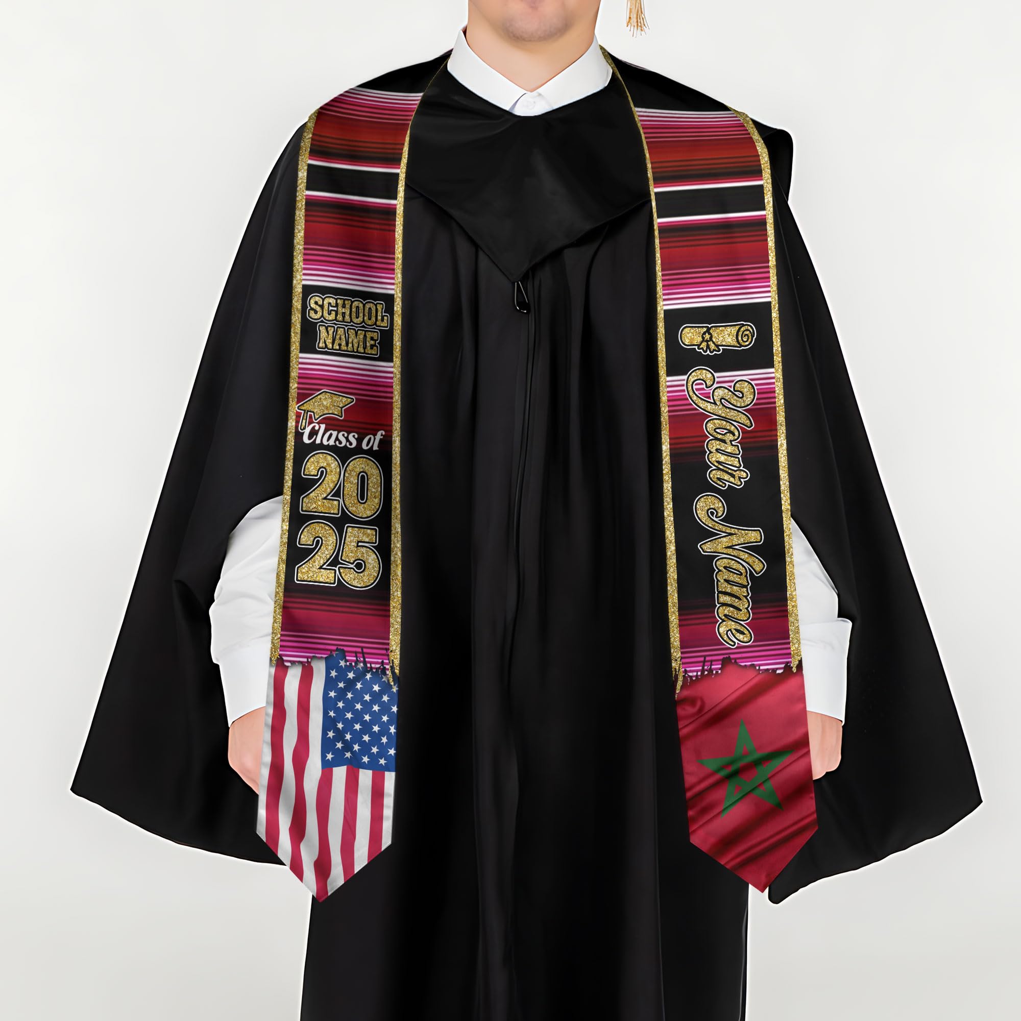 Personalized Morocco Graduation Stole, Moroccan Graduation Sash, Morocco Flag Graduation Stole, Class of 2025 Mrc2