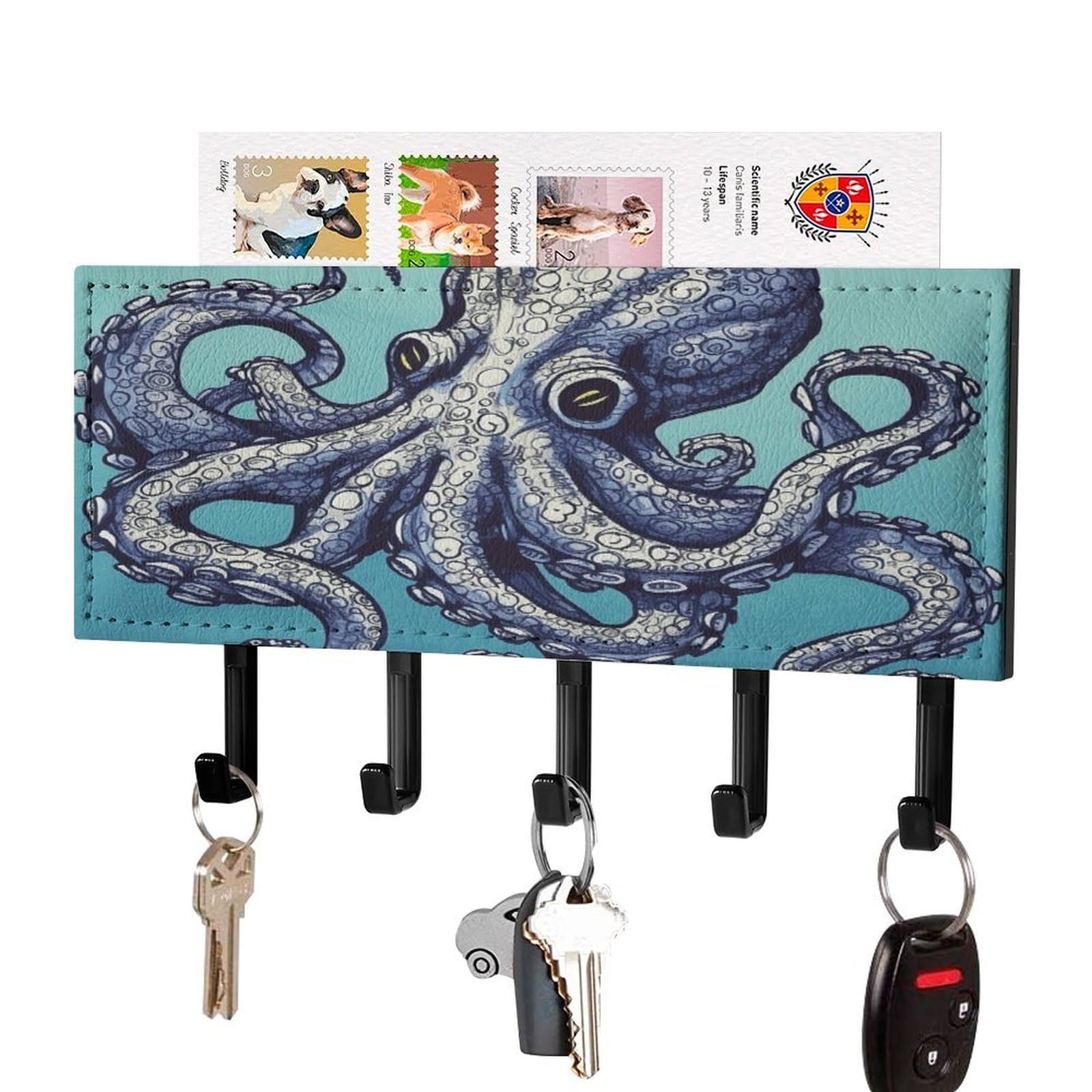 Octopus Design Key Holder for Wall Mount Key Hooks Key Rack with Self Adhesive PU Key Hanger Personalized Key Organizer Rack with 5 Hooks for Hallway Door Entryway
