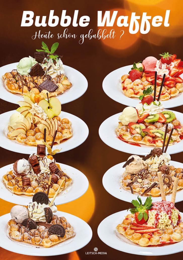 DIN A1 Werbe-Plakat, Bubble Waffel, 59x84 cm, 500g PVC Plane, wasserdicht, Kundenstopper Banner Werbung für Eiscafe Eisdiele Eiswagen Eiskarte Speisekarte, Eis zum Mitnehmen